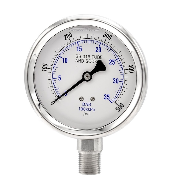 Pro 4 in Dial, 0/500 PSI & Bar, 1/2 in NPT, Lower Mount Glycerin Filled Pressure Gauge PRO-301L-402J-01 - main